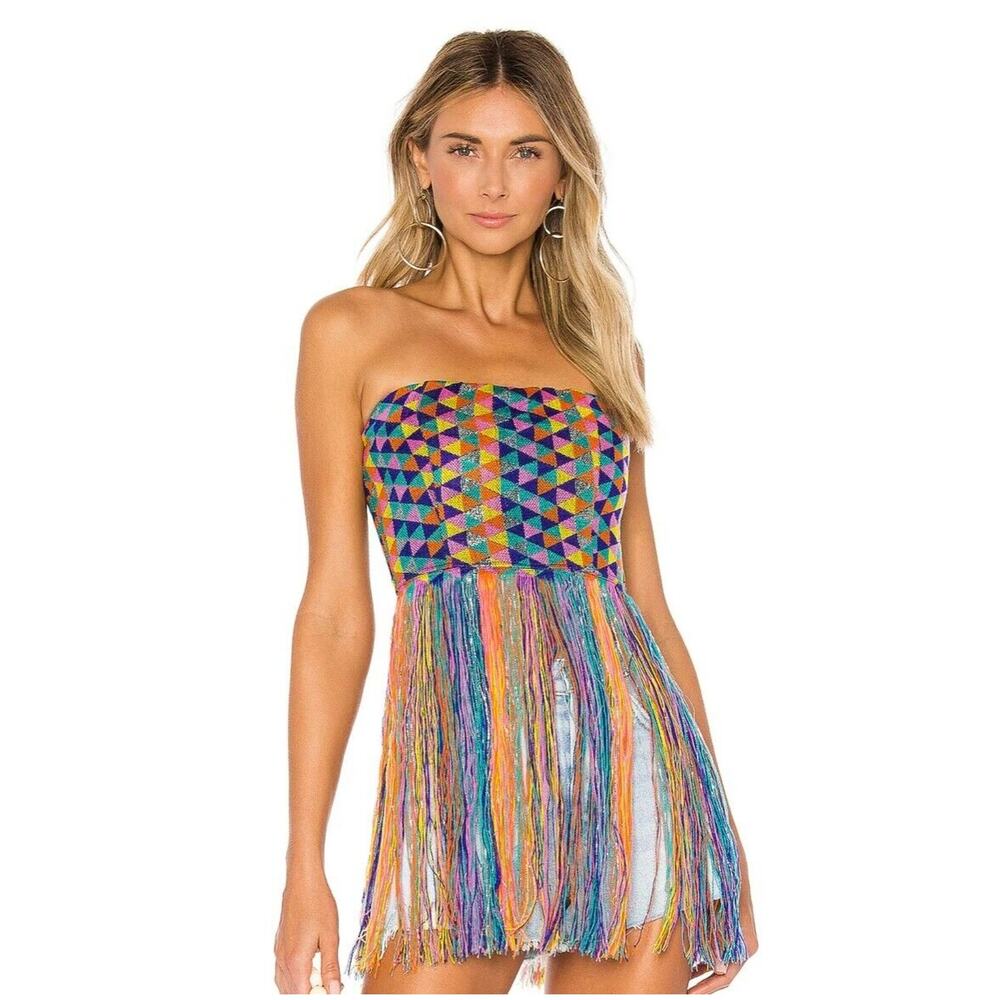 House of Harlow 1960 Multicolor Strapless Fringe Romper